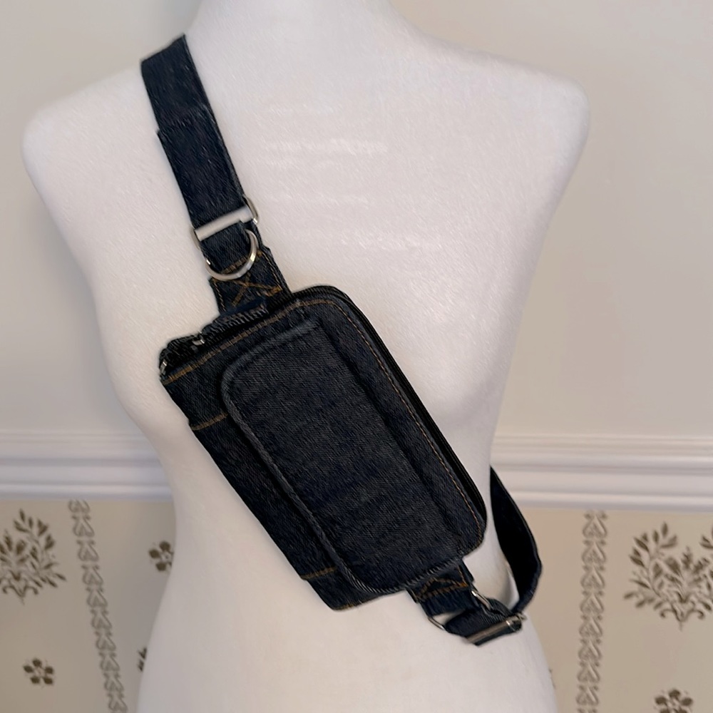 Denim Belt Bag Fanny Pack Waist Bag Dark Blue Top Zipper Front Pouch Dark Wash